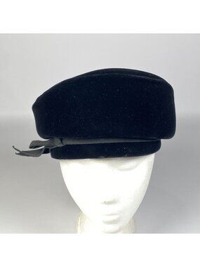 Vintage Valerie Modes Black Velvet Pillbox Hat with Ribbon & Bow Accent